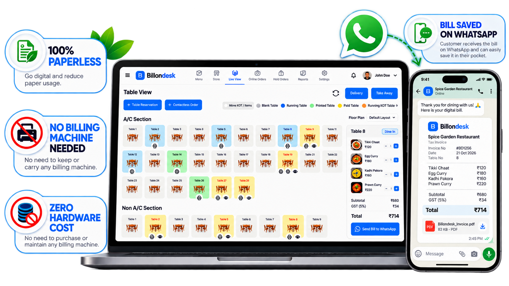BillonDesk Smart POS Billing Software on Laptop and WhatsApp Mobile Bill